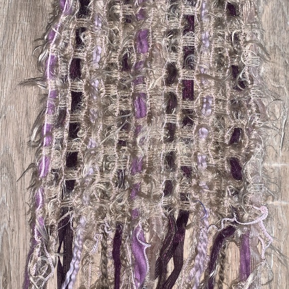 Hand Knit beige purple winter fringe scarf - Picture 3 of 5